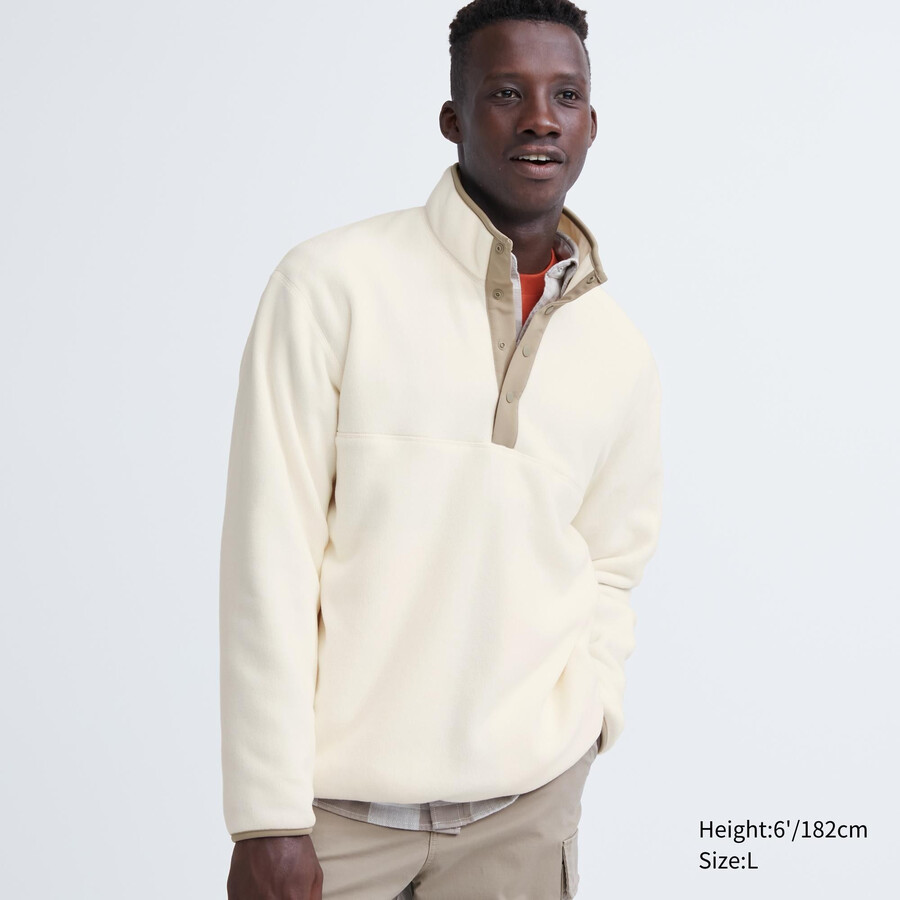 white uniqlo fleece button up pullover mens hoodie on