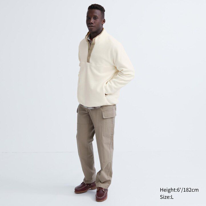 white uniqlo fleece button up pullover mens hoodie on
