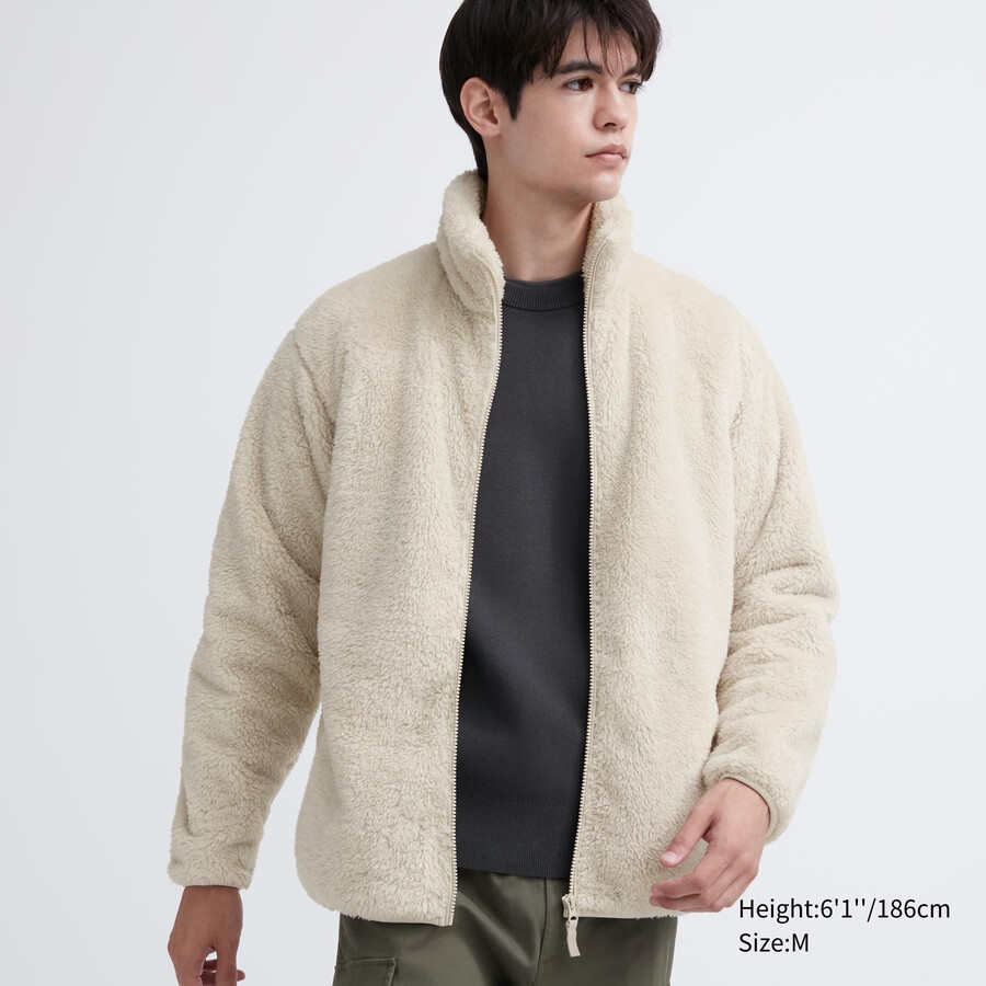 white uniqlo fluffy fleece zipped mens jackets