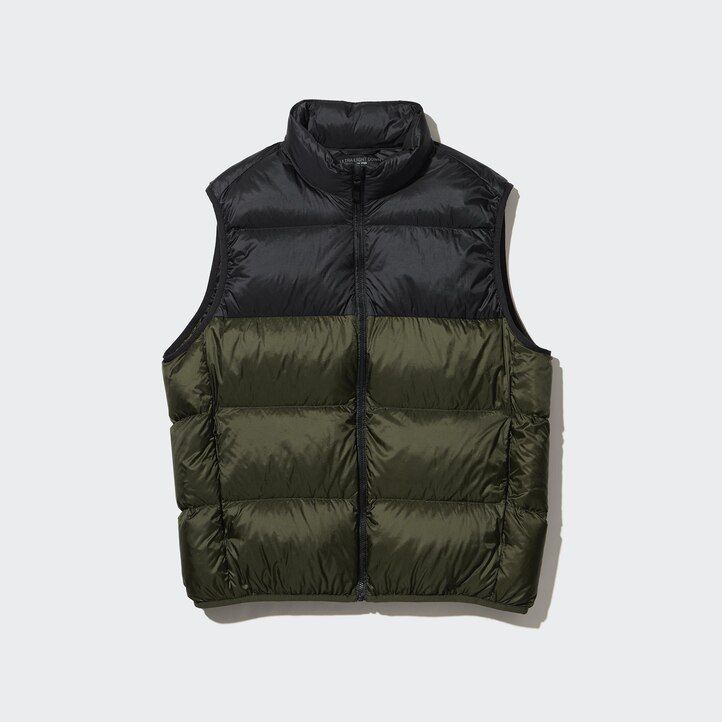 olive mens uniqlo ultra light down colour block jackets