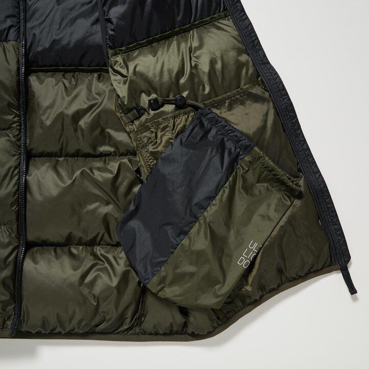 olive mens uniqlo ultra light down colour block jackets
