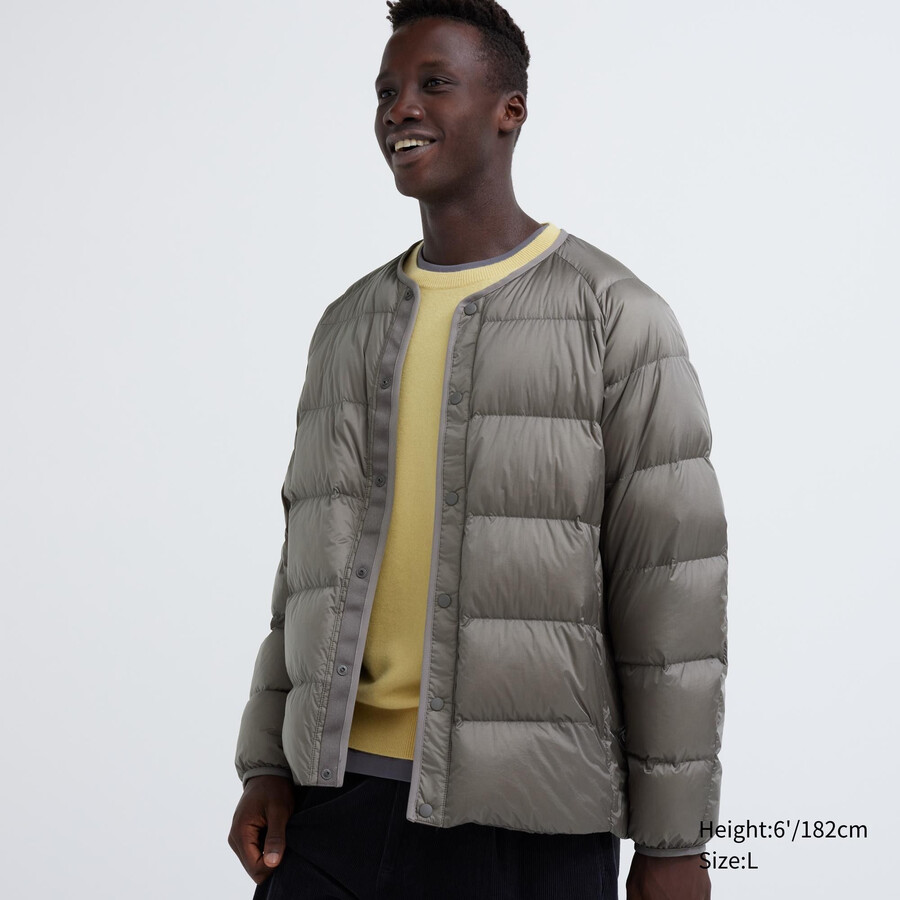 grey mens uniqlo 100pct recycled down jackets