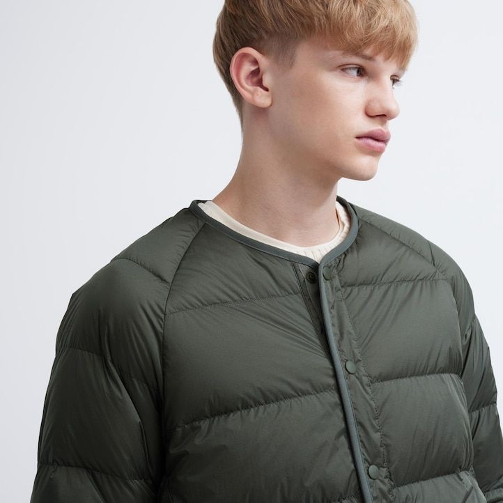grey mens uniqlo 100pct recycled down jackets