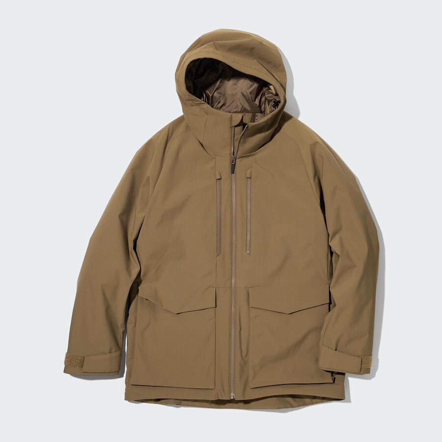 brown mens uniqlo hybrid down 3d cut jackets