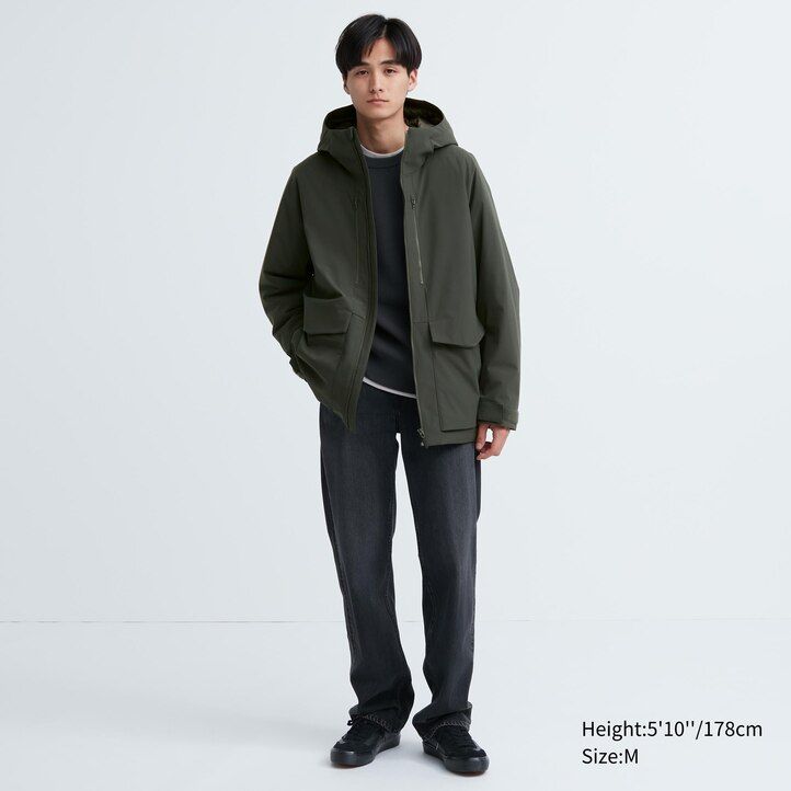 brown mens uniqlo hybrid down 3d cut jackets