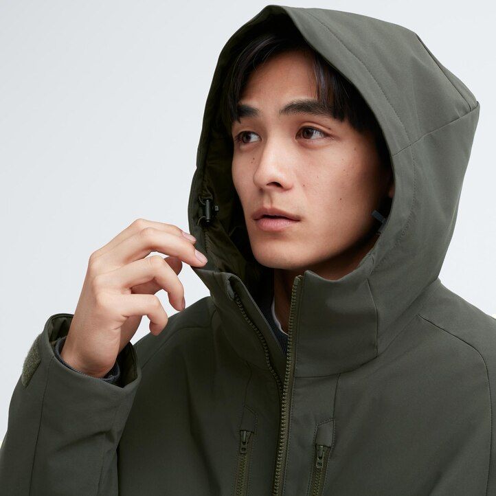 brown mens uniqlo hybrid down 3d cut jackets