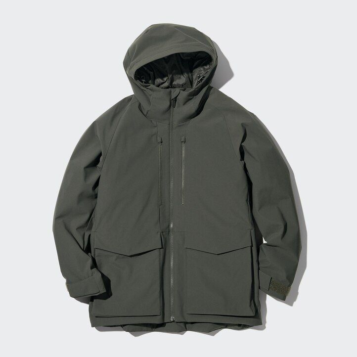 brown mens uniqlo hybrid down 3d cut jackets