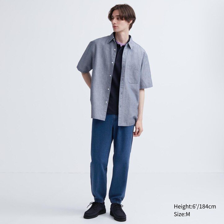 blue mens uniqlo washed jersey denim look joggers