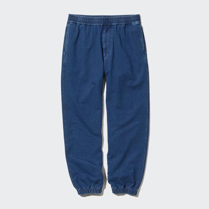 blue mens uniqlo washed jersey denim look joggers