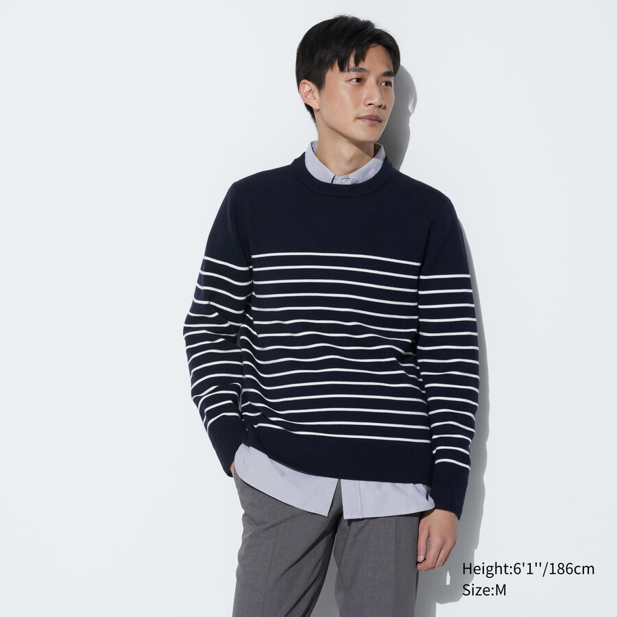 uniqlo washable milano ribbed striped crew neck mens jumpers navy