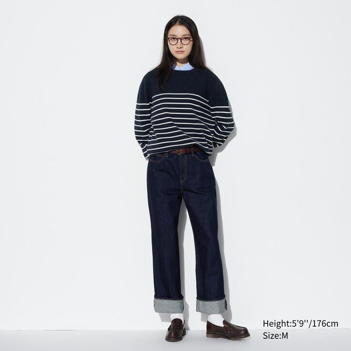 uniqlo washable milano ribbed striped crew neck mens jumpers navy