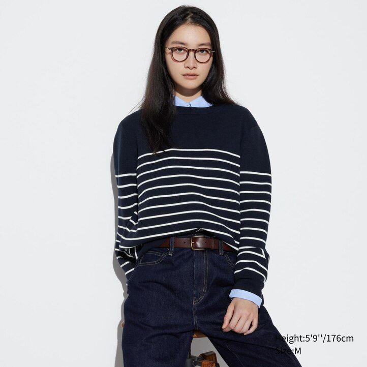 uniqlo washable milano ribbed striped crew neck mens jumpers navy