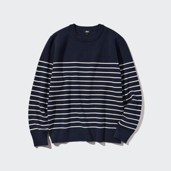 uniqlo washable milano ribbed striped crew neck mens jumpers navy