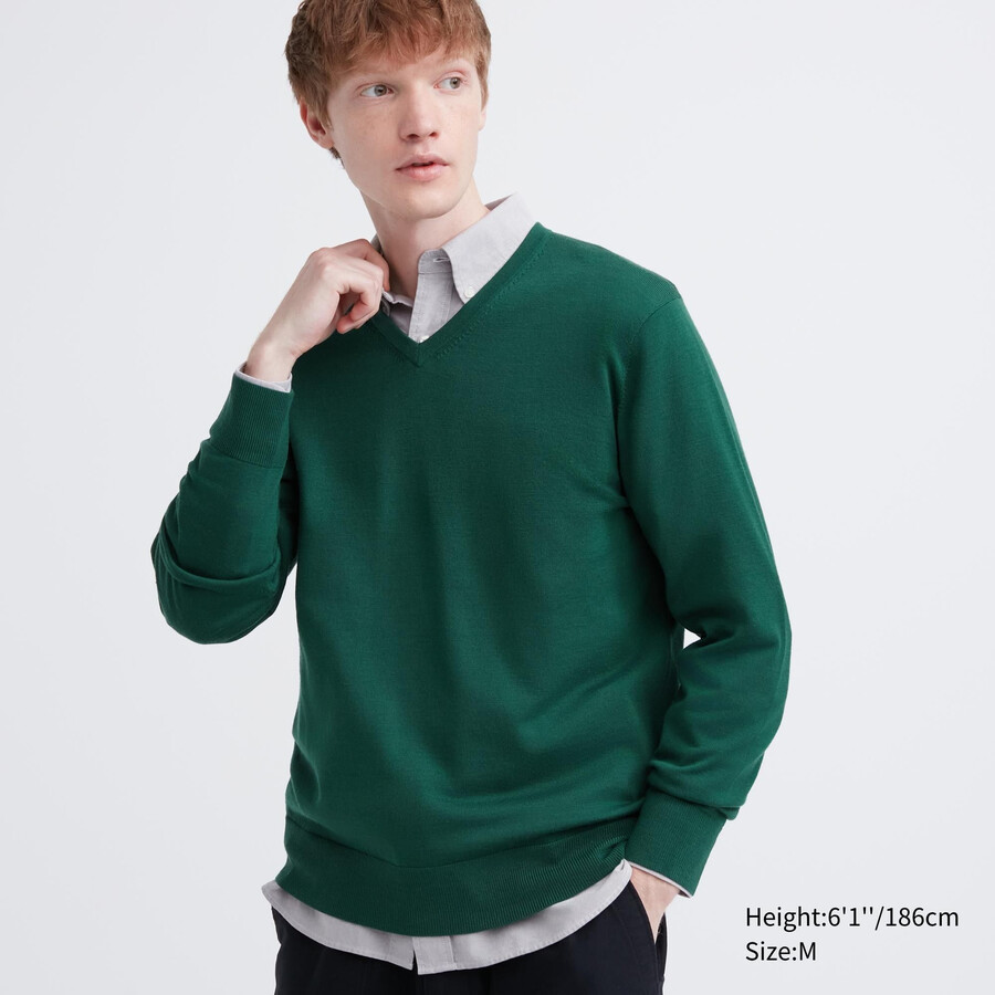uniqlo extra fine merino v neck mens jumpers green
