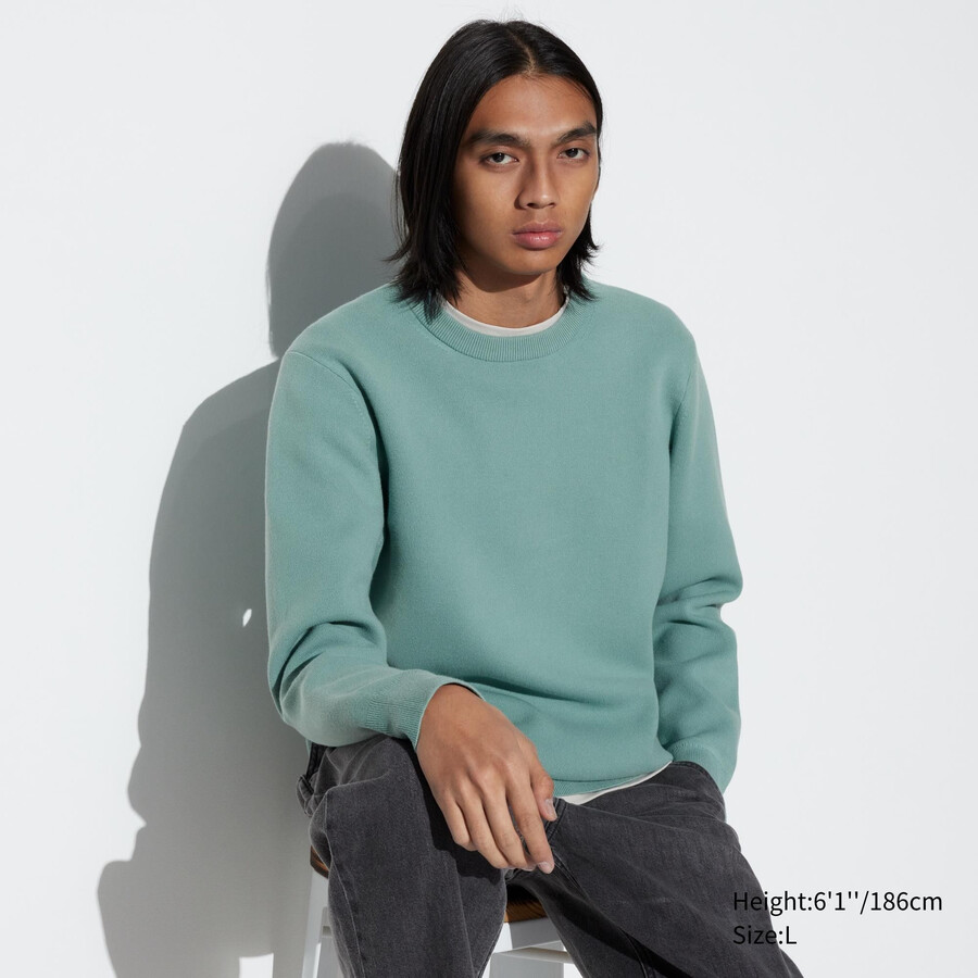 green mens uniqlo washable milano ribbed crew neck jumpers