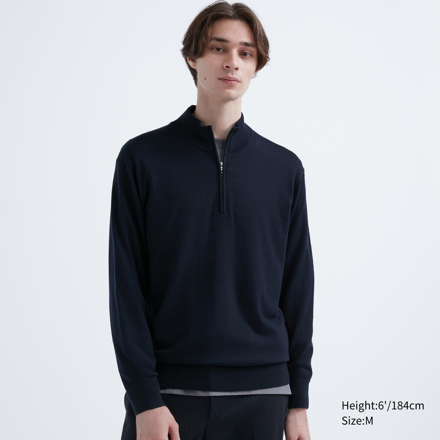 uniqlo 100pct extra fine merino half zipped mens jumpers navy