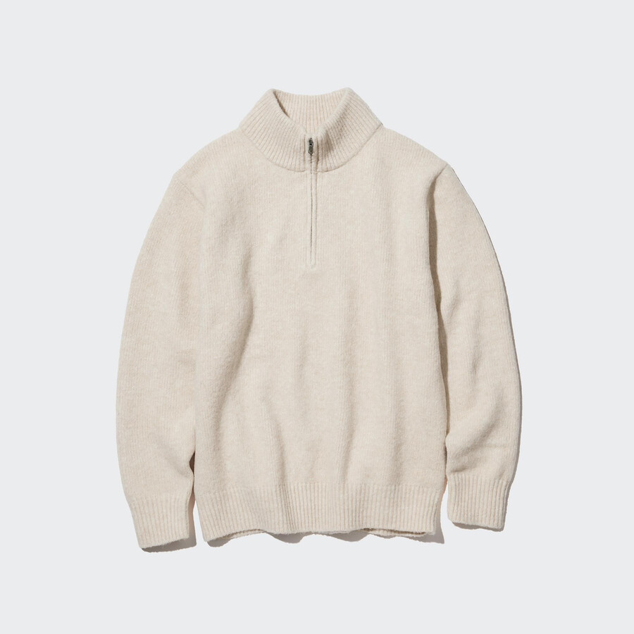 uniqlo souffle yarn half zipped mens jumpers beige