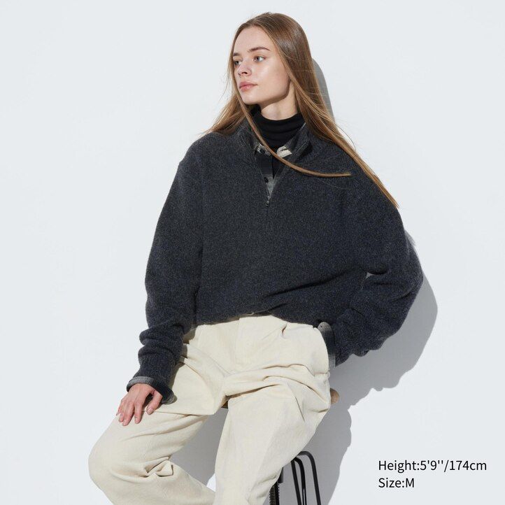 uniqlo souffle yarn half zipped mens jumpers beige