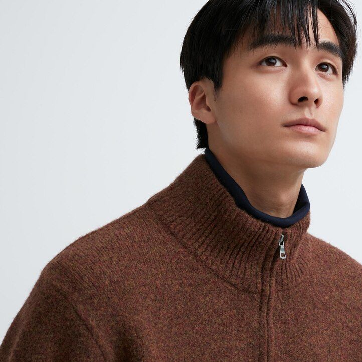 uniqlo souffle yarn half zipped mens jumpers beige