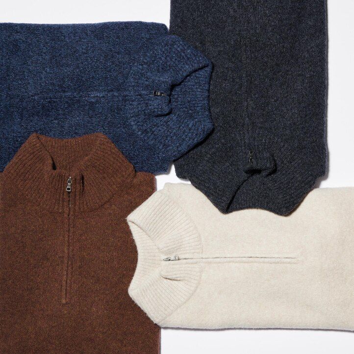 uniqlo souffle yarn half zipped mens jumpers beige