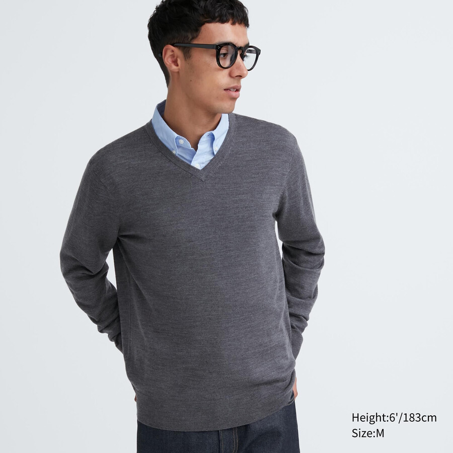 grey uniqlo 100pct extra fine merino v neck mens jumpers