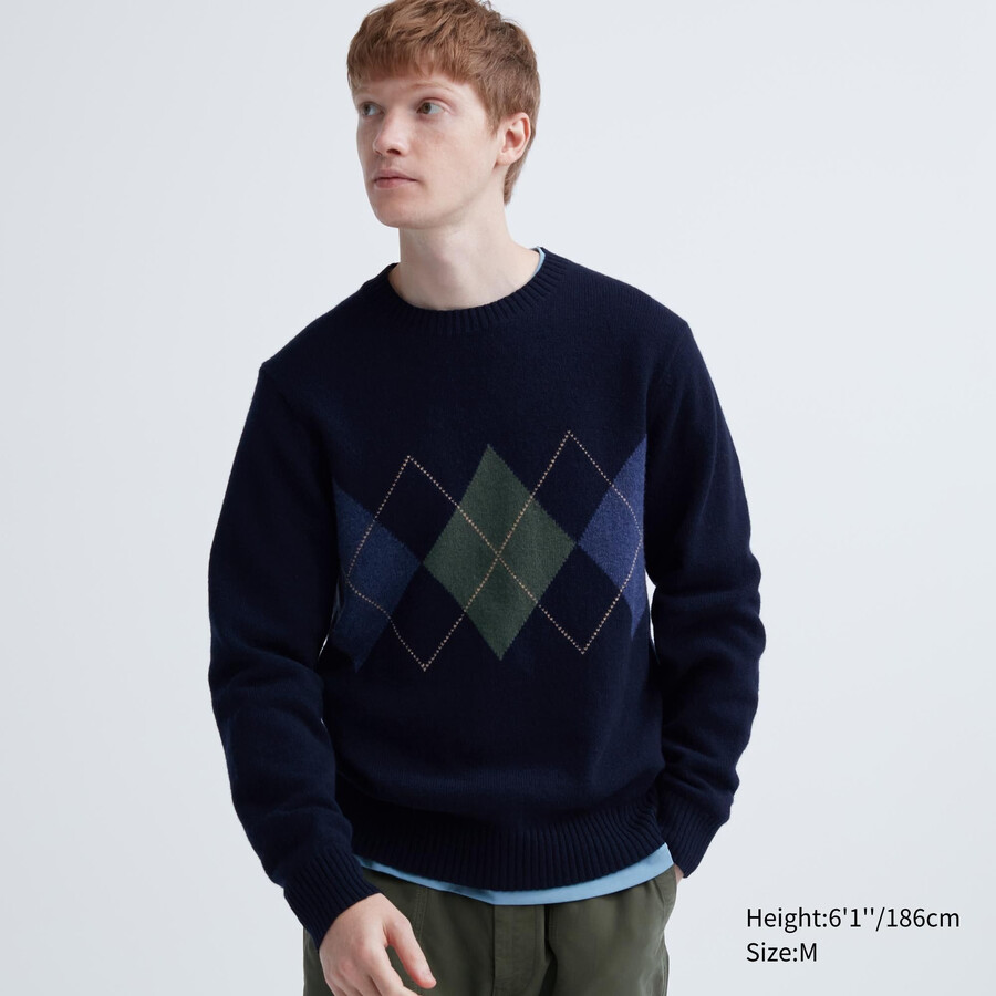 navy uniqlo premium lambswool argyle crew neck mens jumpers