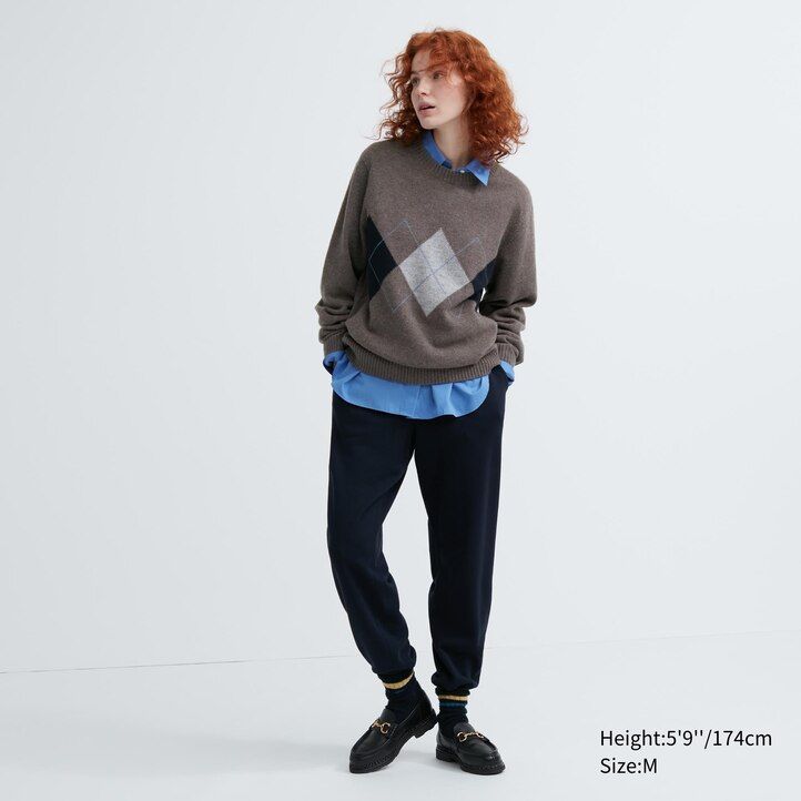 navy uniqlo premium lambswool argyle crew neck mens jumpers