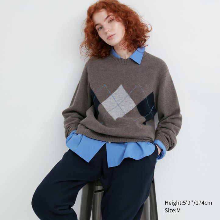 navy uniqlo premium lambswool argyle crew neck mens jumpers