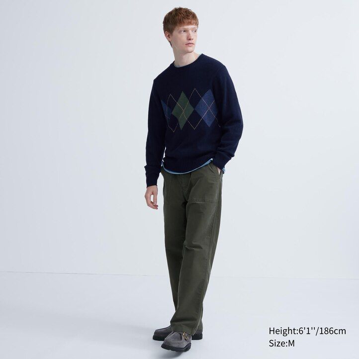 navy uniqlo premium lambswool argyle crew neck mens jumpers