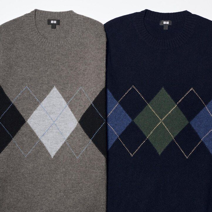 navy uniqlo premium lambswool argyle crew neck mens jumpers