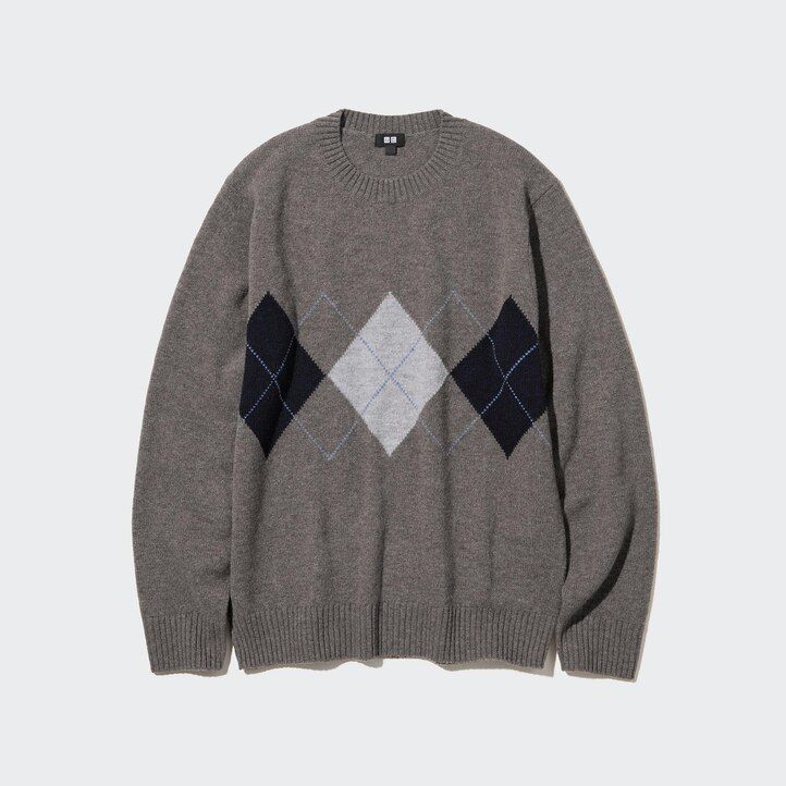 navy uniqlo premium lambswool argyle crew neck mens jumpers