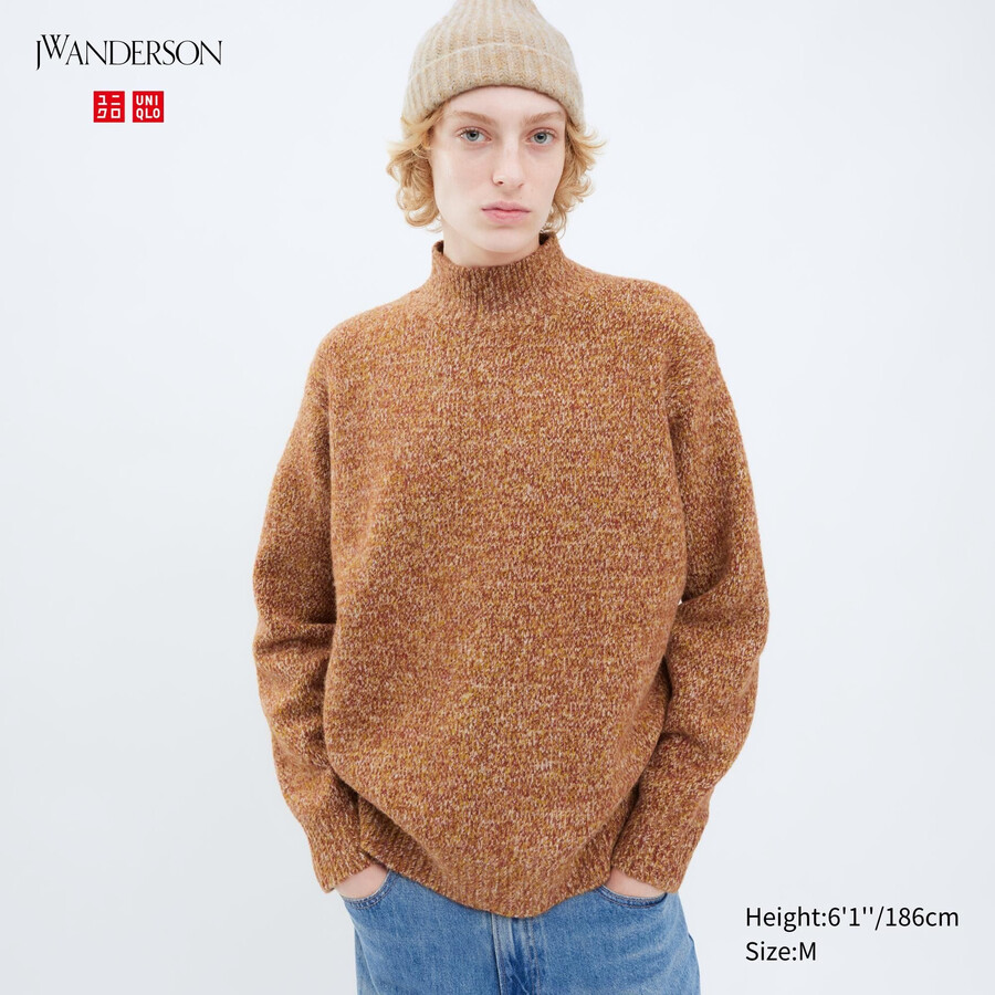 orange uniqlo souffle yarn mock neck mens jumpers
