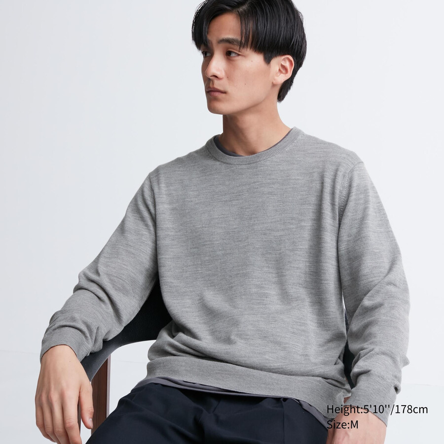 grey uniqlo 100pct extra fine merino crew neck mens jumpers