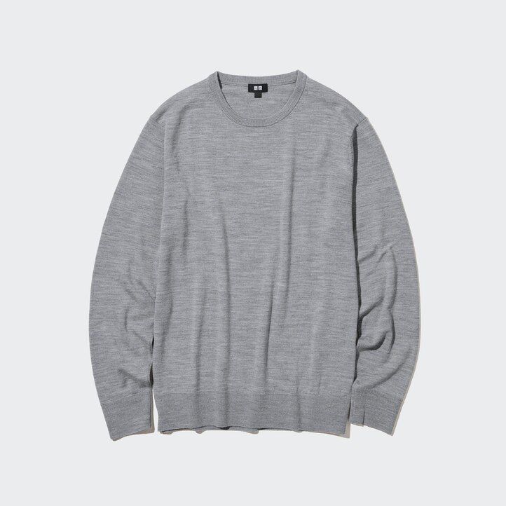 grey uniqlo 100pct extra fine merino crew neck mens jumpers