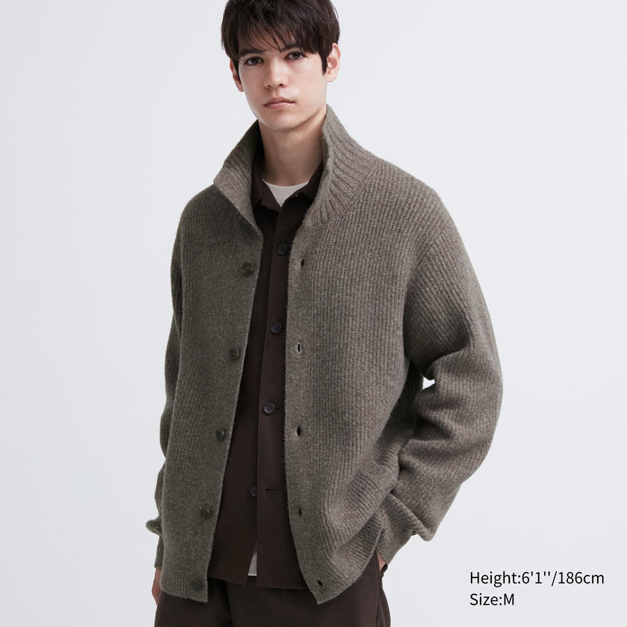 brown uniqlo souffle yarn low gauge grandad collar mens jumpers