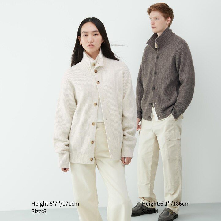 brown uniqlo souffle yarn low gauge grandad collar mens jumpers