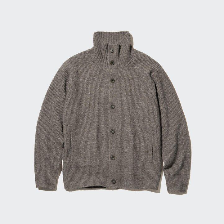 brown uniqlo souffle yarn low gauge grandad collar mens jumpers