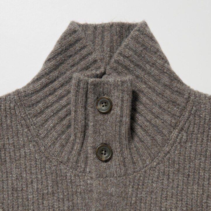 brown uniqlo souffle yarn low gauge grandad collar mens jumpers