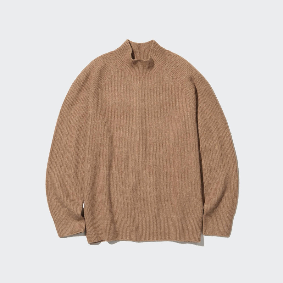 mens uniqlo 3d knit seamless souffle yarn mock neck jumpers brown