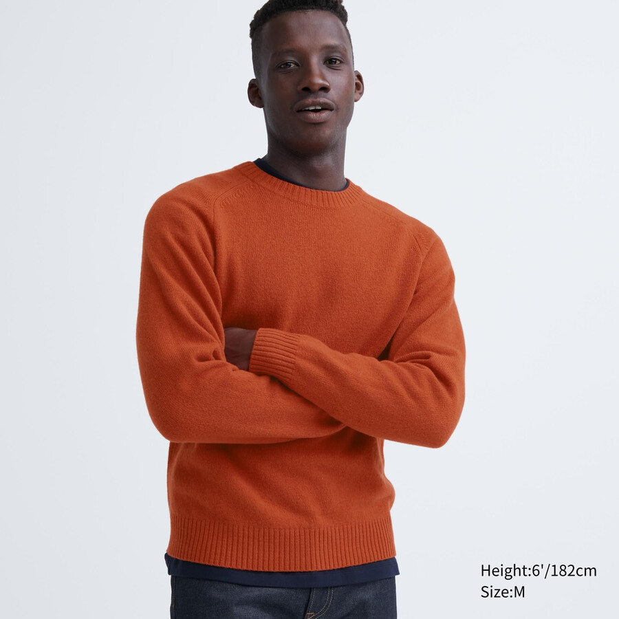 orange uniqlo premium lambswool crew neck mens jumpers