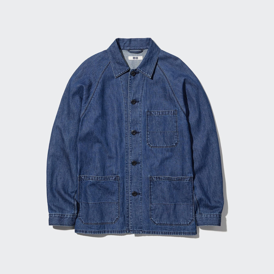 blue mens uniqlo cotton linen blend utility overshirt