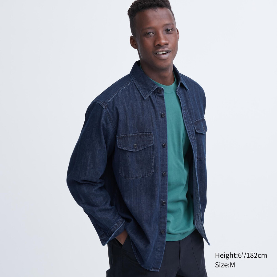 uniqlo denim oversized utility mens overshirt blue