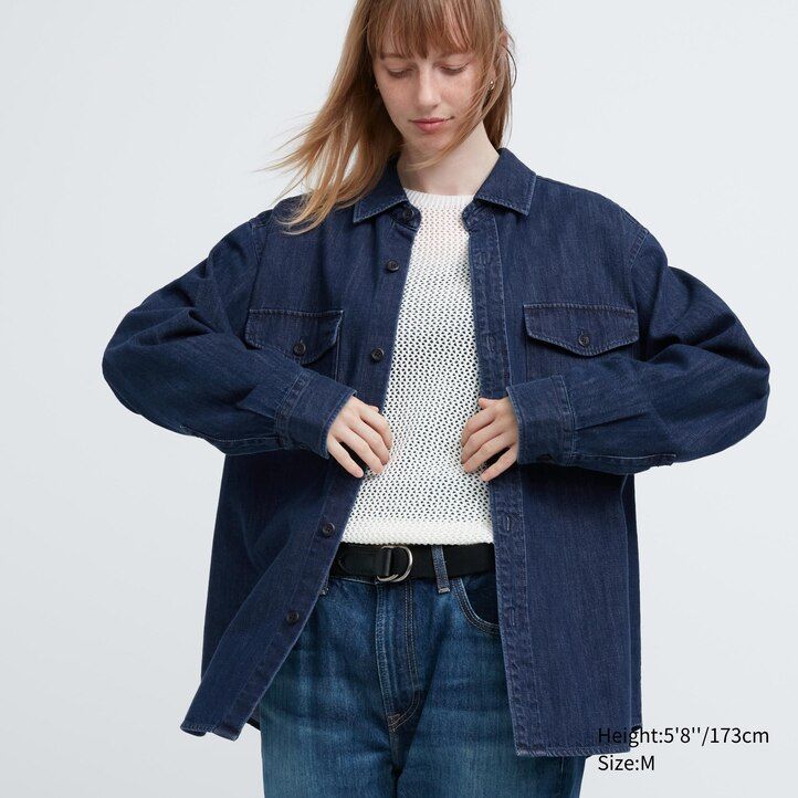 uniqlo denim oversized utility mens overshirt blue