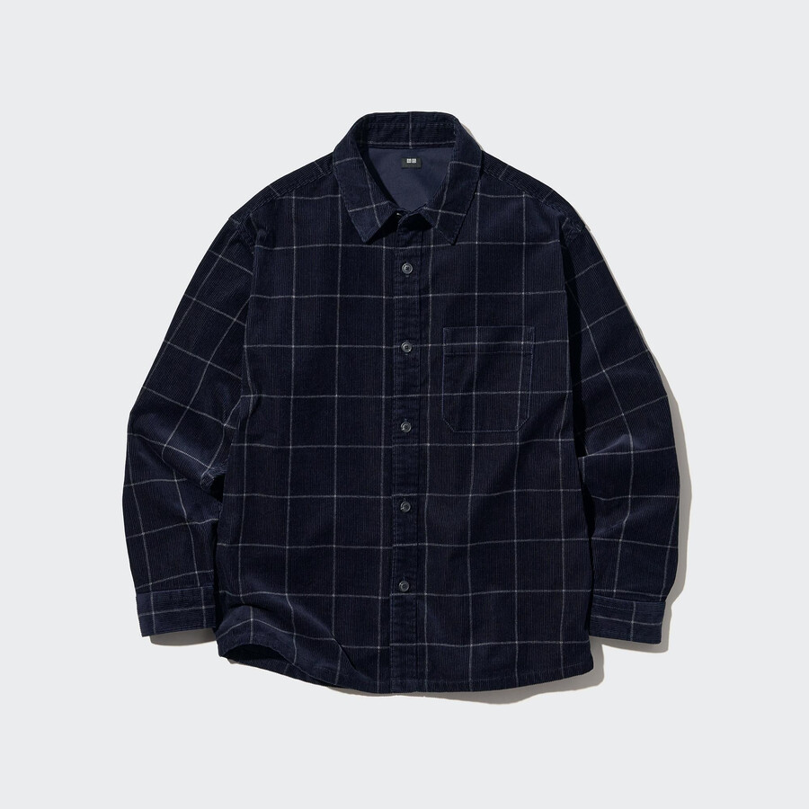 navy mens uniqlo corduroy oversized checked overshirt