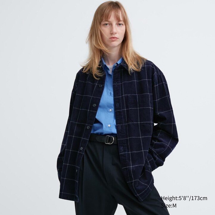 navy mens uniqlo corduroy oversized checked overshirt