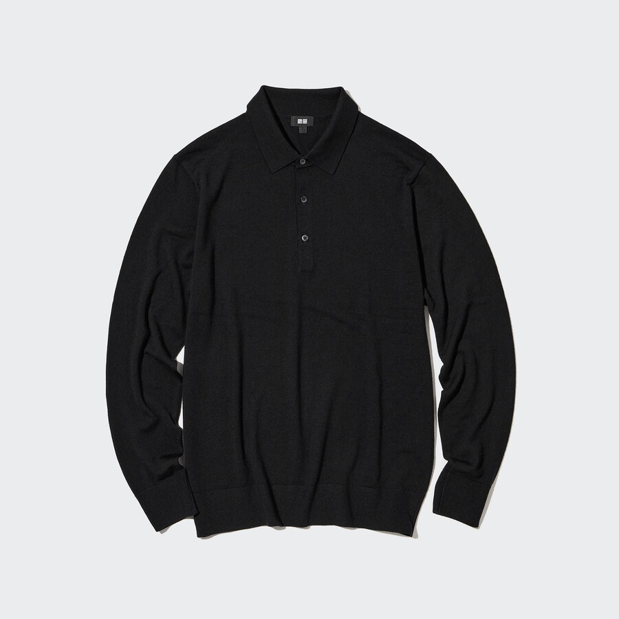 black mens uniqlo 100pct extra fine merino knit sleeved polo shirt