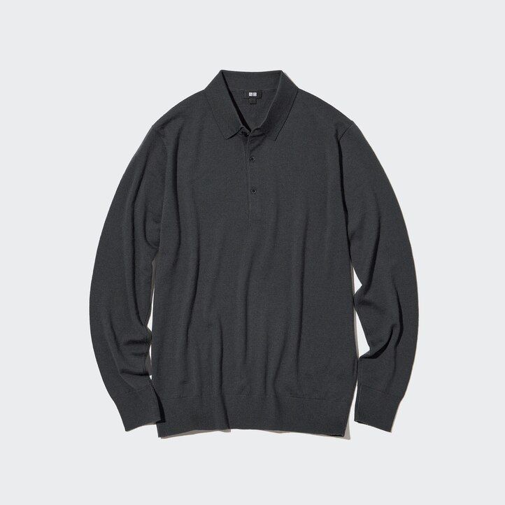 black mens uniqlo 100pct extra fine merino knit sleeved polo shirt