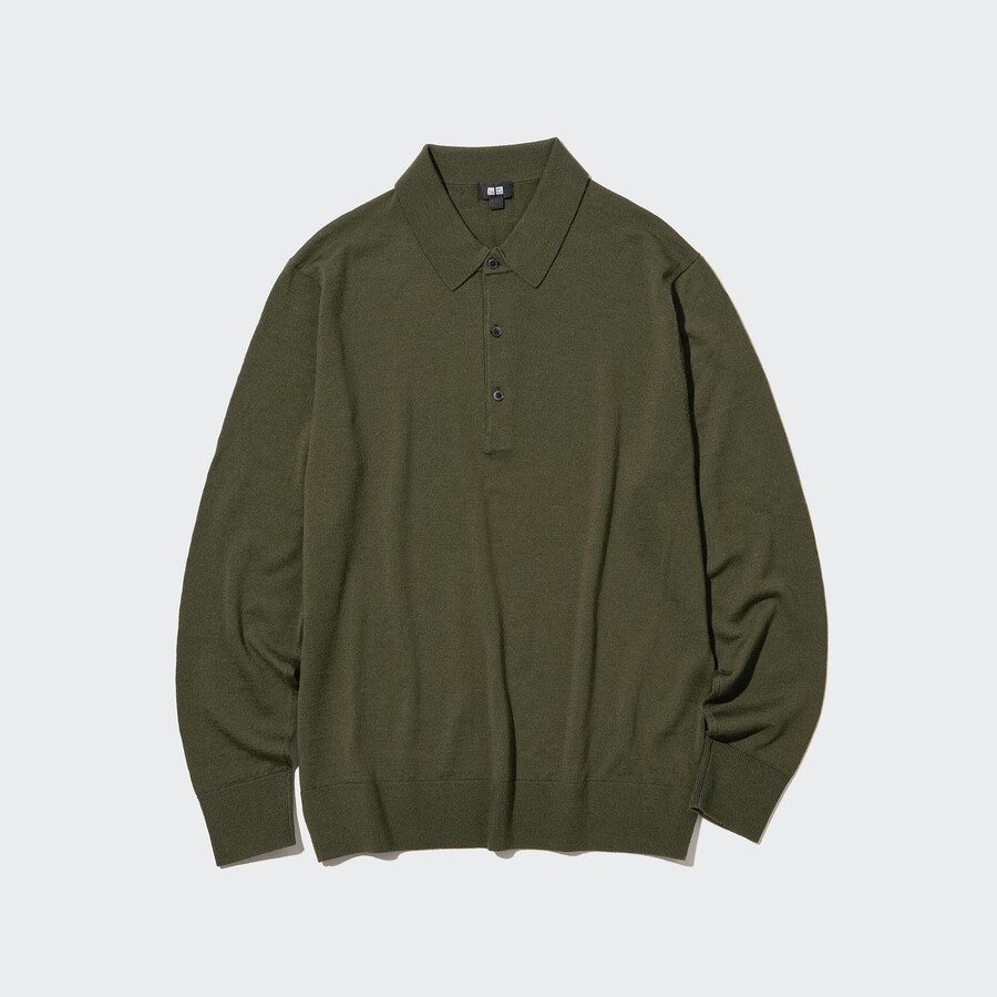 olive mens uniqlo 100pct extra fine merino knitted sleeved polo shirt