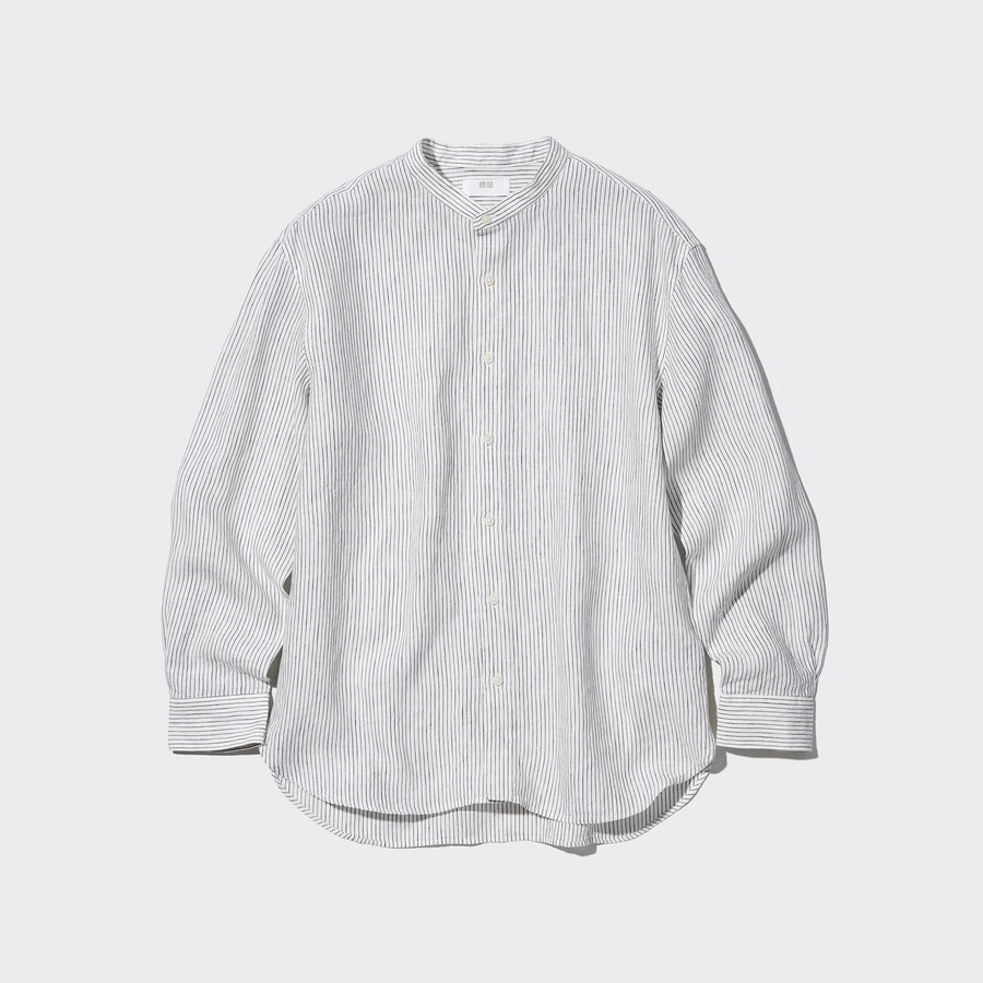 blue uniqlo 100pct premium linen striped regular fit-shirt grandad collar mens shirts