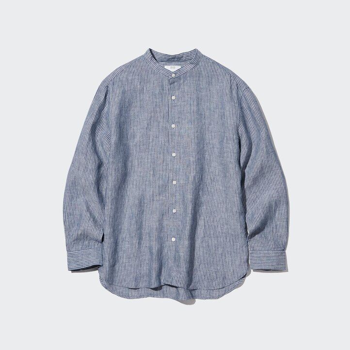 blue uniqlo 100pct premium linen striped regular fit-shirt grandad collar mens shirts